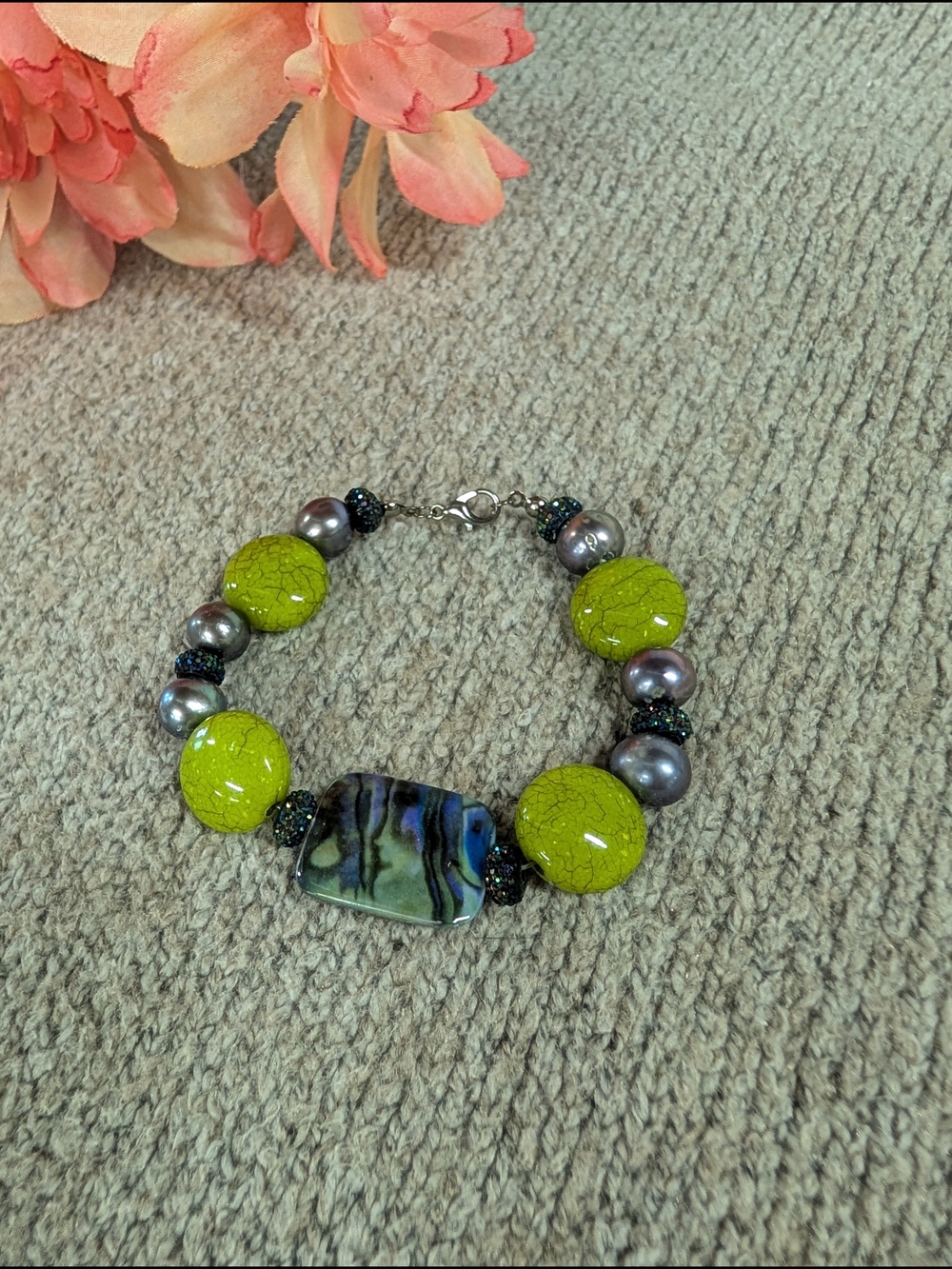 Olive Green Beaded Bracelet with Purple Freshwater Pearls